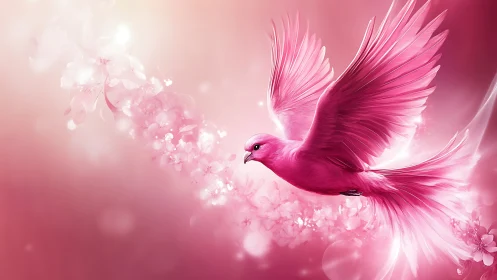 Pink bird in mid flight over soft floral background.