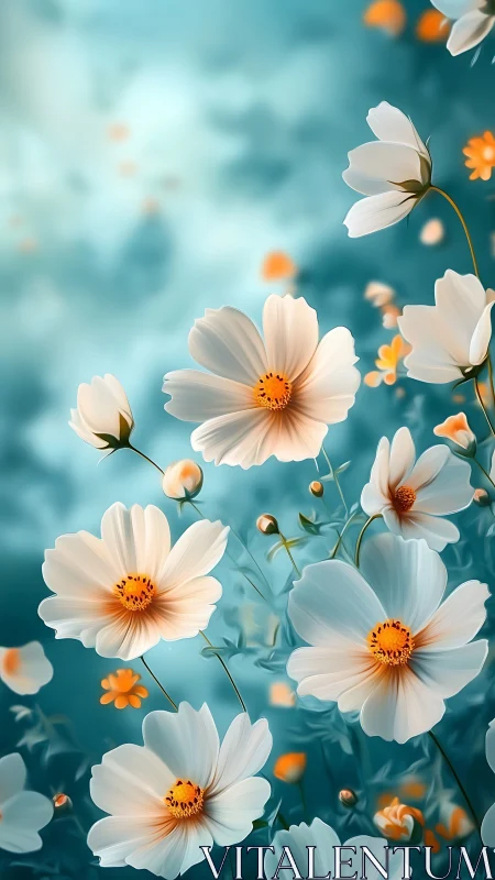 White Cosmos Flowers Dancing Against Serene Teal Sky