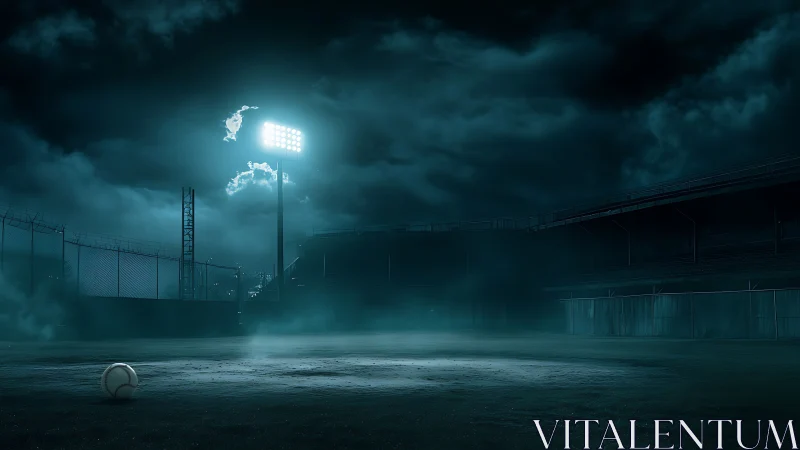 Nocturnal stadium geometry under vapor-lit floodlights.