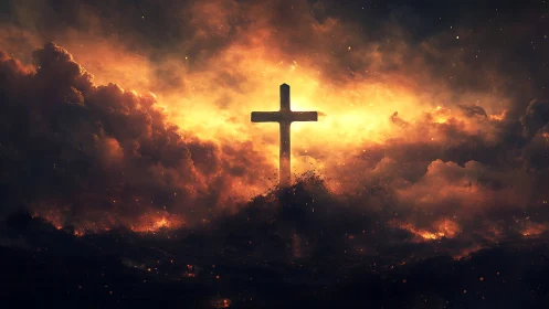 Luminous cross rises from stormy clouds in fiery heavens.