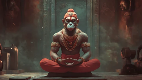 Meditating humanoid monkey deity in ornate temple interior.