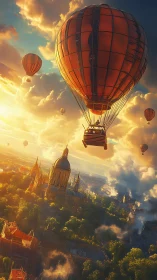 Sunlit hot air balloons drifting above historic city skyline.