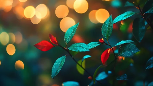 Firelit raindrop leaves glow against enchanted night bokeh.