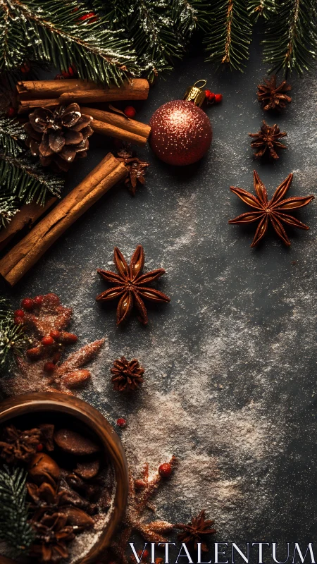 Cinnamon sticks, star anise and bauble on dark festive backdrop.