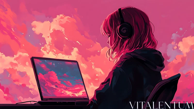 Headphoned dreamer wired into a glowing sunset laptop sky.