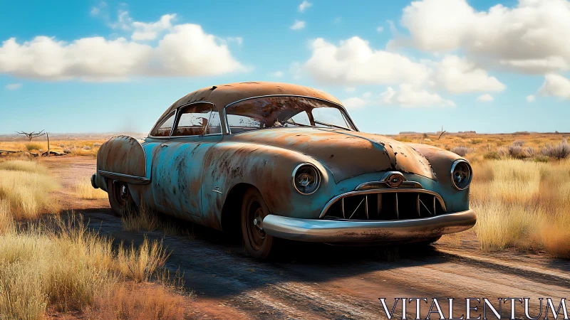 Weathered 1950s coupe rendered with high-detail rust shading and dust