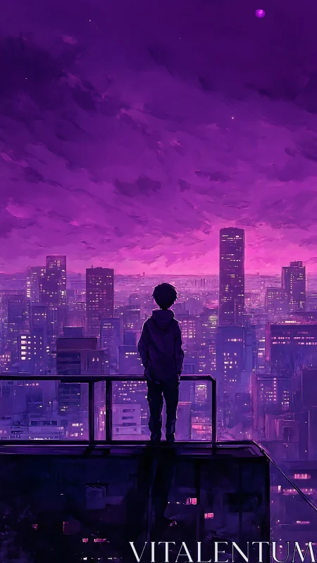Quiet rooftop dreamer under a glowing violet city sky.