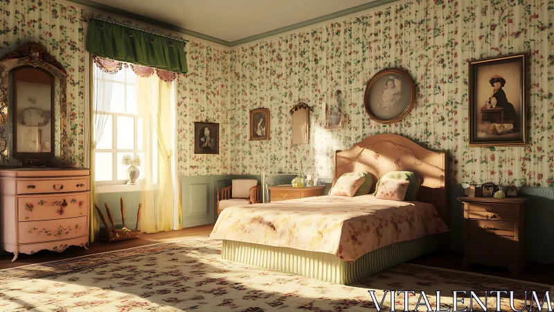 Sunlit vintage bedroom glows with floral warmth and charm