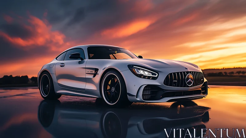 Low-angle silver coupe under saturated sunset with reflective wet runway