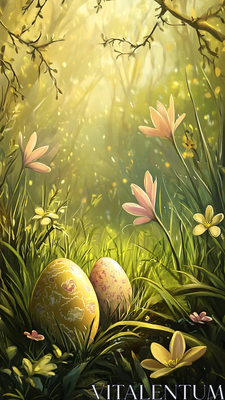 Backlit painted eggs in dense spring grass with volumetric light