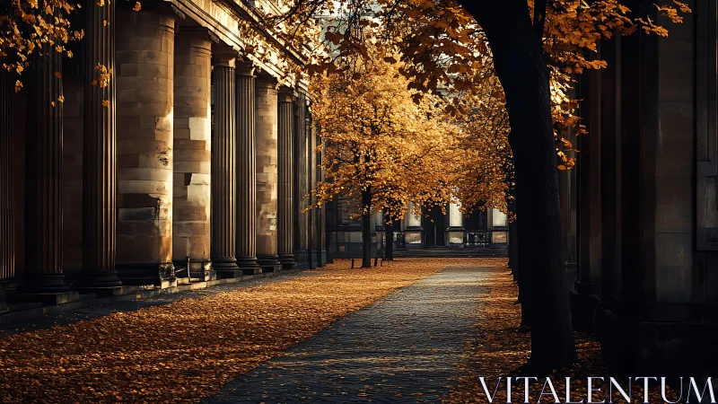 Golden autumn colonnade glows softly in late afternoon light