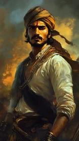 Warrior stands against burning sky in dramatic portrait