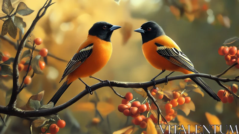 Two Vibrant Orioles on a Branch in Autumn, Realistic Style.
