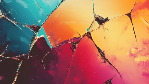 Shattered glass reveals vivid teal, orange, and magenta light.