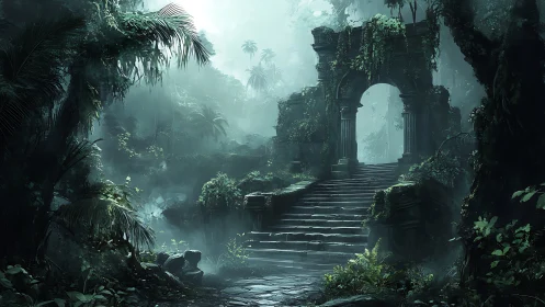 Ancient jungle ruin archway above misted stone steps.