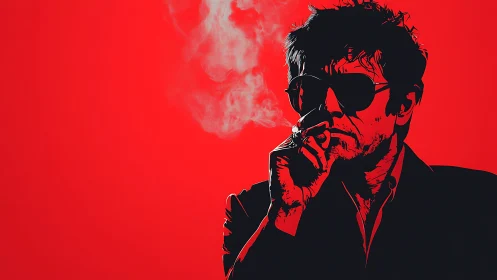 Silhouette of man smoking against flat red background.