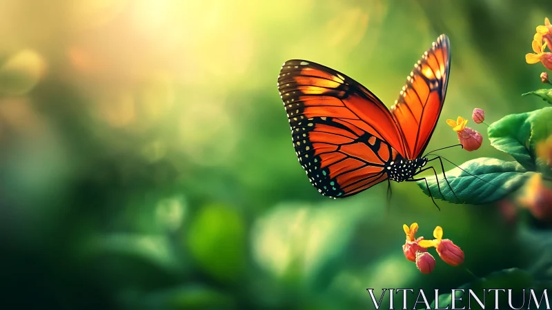 Macro study of monarch butterfly on flowering plant bokeh