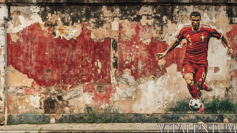 Street-side football mural racing across crumbling city wall.