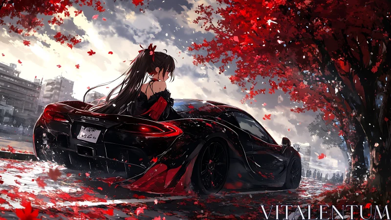 Crimson leaves swirling around black supercar and girl at dusk.