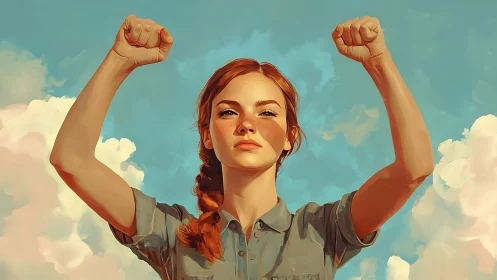 Confident young woman raising fists in empowering digital painting.