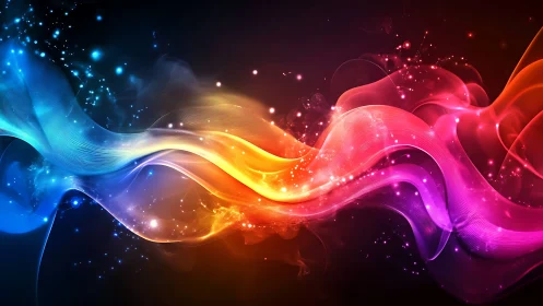 Dynamic multicolor light waves on dark abstract background.
