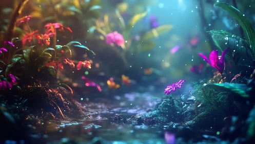 Enchanted neon forest stream shimmers under soft twilight glow