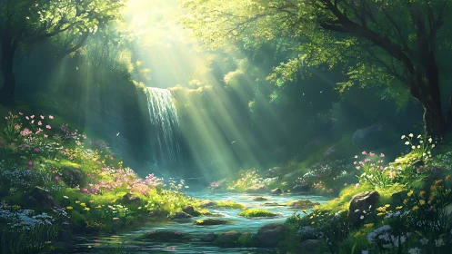 Sunlit forest waterfall over wildflower river glen.