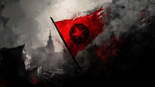 Weathered red banner over stormy ruined cityscape at dusk.