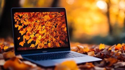 Laptop displays vivid autumn foliage amid fallen leaves