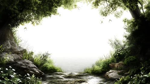 Forest shoreline frames luminous mist over calm water.