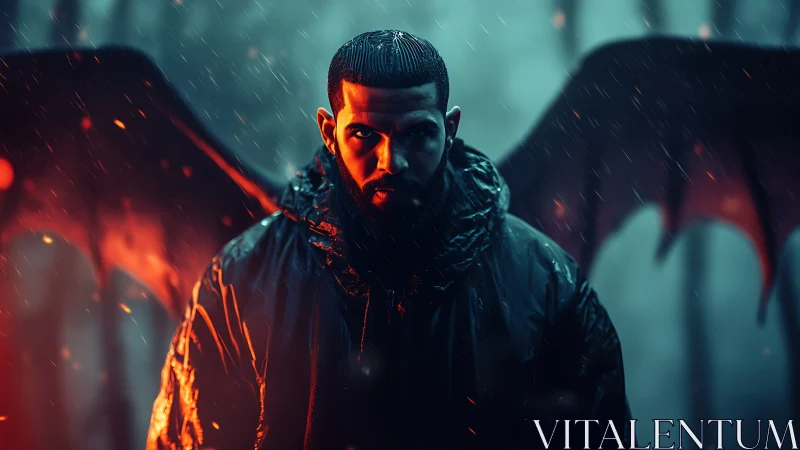 Winged male figure in rainlit forest with red backlight.