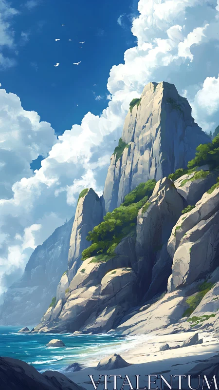 Coastal cliff landscape with towering basalt formations.