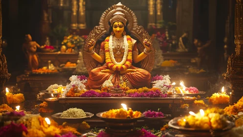 Hindu goddess statue with garlands and oil lamps in shrine.