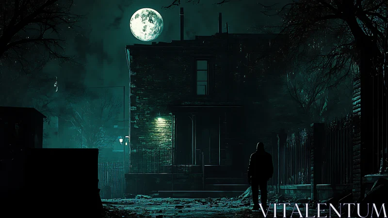 Noir moonlit alley with solitary figure in digital chiaroscuro.
