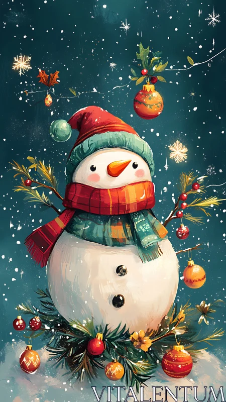 Cheerful scarfed snowman juggling bright Christmas baubles.