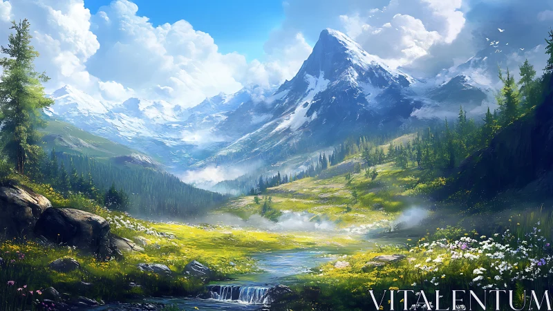 High-altitude alpine valley with snowcapped peak and luminous stream