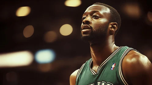 Basketball guard in green jersey under arena bokeh lights.