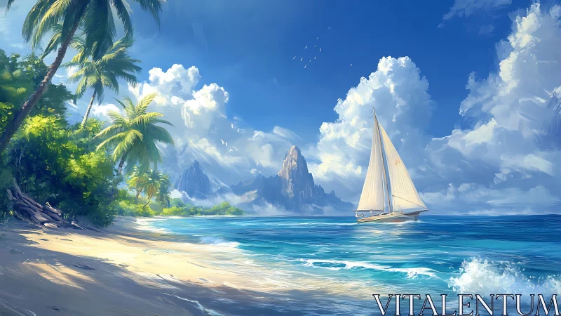 Sunlit sailboat traverses tropical bay beside palm-lined shore