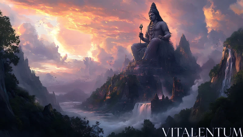 Colossal seated deity statue above stepped river citadel.