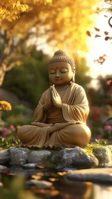 Rendered Buddha statue sits in garden setting by shallow pond