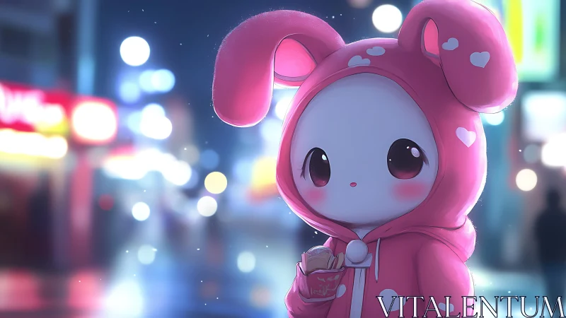 Pink bunny-hooded chibi in dreamy neon night street scene.