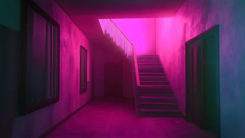 Neon stairwell dreaming in magenta haze and quiet echoes.