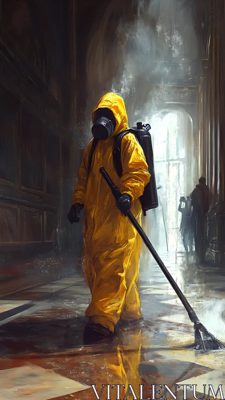 Hazmat cleaner walking through dim hallway with fumes.