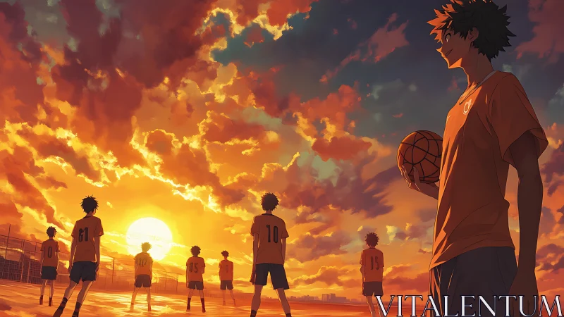 Basketball players on outdoor court under sunset sky.