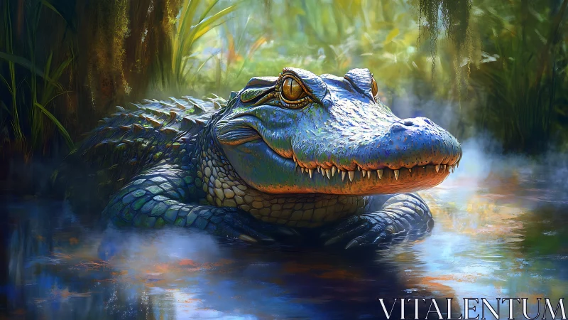 Iridescent alligator rests in misty swamp at sunrise