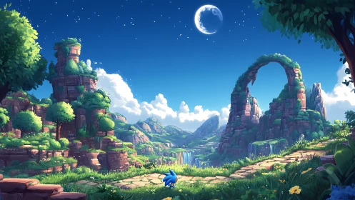 Moonlit ring cliffs cradle a tiny blue wanderer’s path