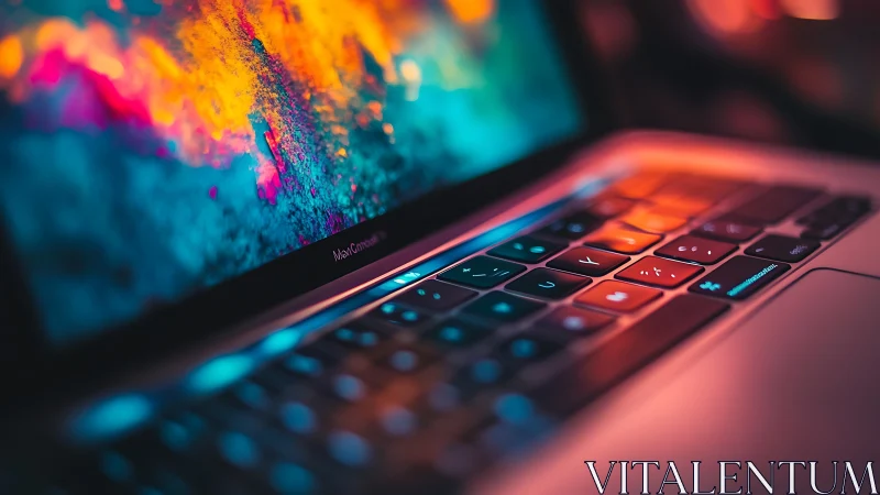Chromatic laptop keyboard with neon spectral display glow.