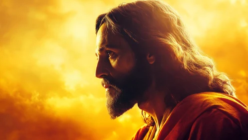 Profile view of robed man against luminous sky backdrop.