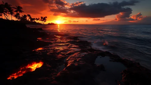 Photorealistic volcanic shoreline at tropical sunset horizon.