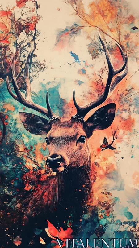 Stag portrait amid abstract foliage and fiery watercolor clouds.
